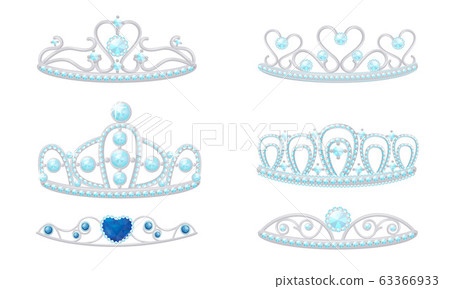 Gleamy Princess Crowns or Diadems with Precious Stones Vector Set 63366933