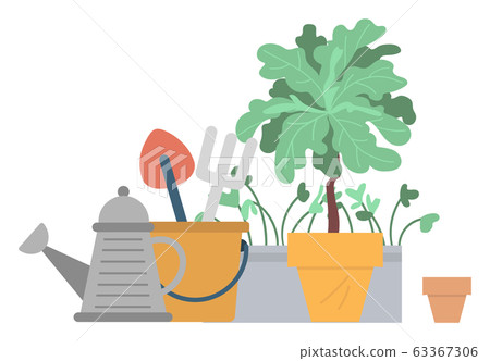 Flower Growing in Pot Watering Can and Pots Vector - Stock Illustration ...