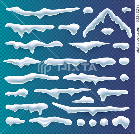 Realistic snow caps set, New Year winter ice elements on transparent background. 63368252