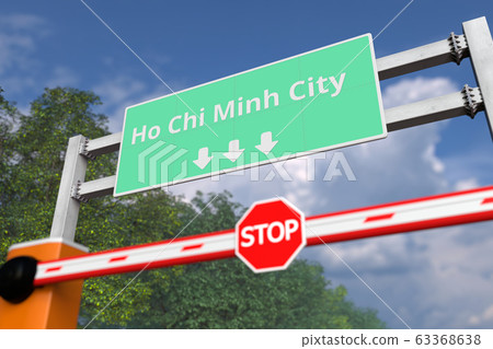 Barrier gate at Ho Chi Minh City road sign, Vietnam. Conceptual coronavirus or some other disease quarantine related 3D rendering 63368638