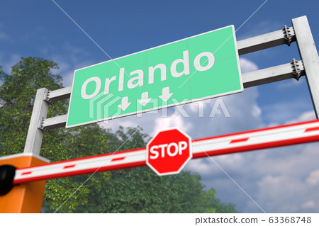 Barrier with STOP sign near the city of Orlando, United States road sign. Coronavirus or some other disease quarantine related 3D rendering Barrier with STOP sign near the city of Orlando, United States road sign. Coronavirus or some other disease quarantine related 3D rendering 63368748