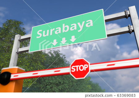 Closed boom barrier near Surabaya, Indonesia road sign. Coronavirus or some other disease quarantine related 3D rendering Closed boom barrier near Surabaya, Indonesia road sign. Coronavirus or some other disease quarantine related 3D rendering 63369083
