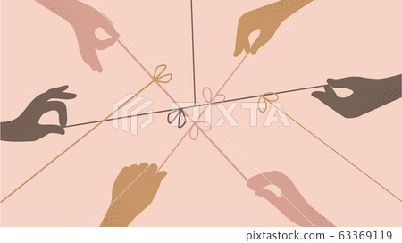 Cartoon human hands pulling on strings trying untie simple knots top view isolated 63369119