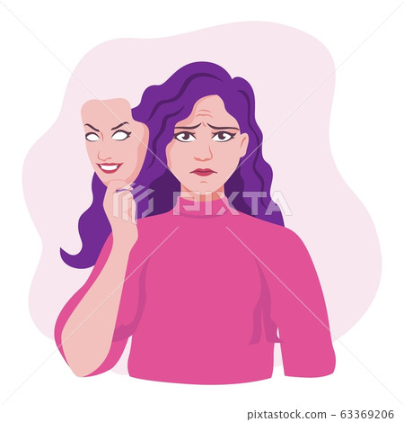 Unhappy female wearing smiling mask vector graphic illustration 63369206
