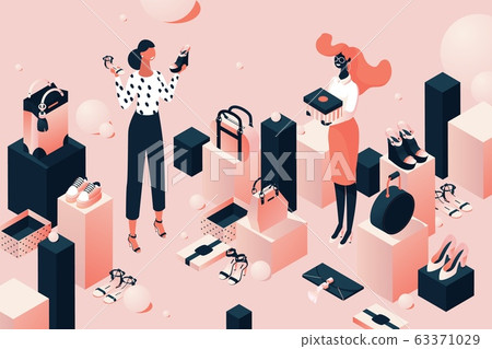 Fashion accessorie shop in isometric style. Girls Fashion accessorie shop in isometric style. Girls 63371029