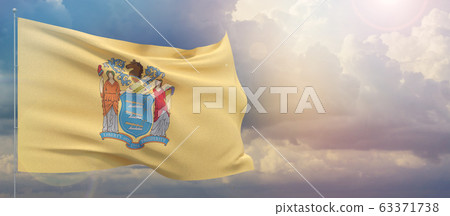Flags of the states of USA. State of New Jersey flag. Waving flag on sunset sky background 3D illustration. 63371738