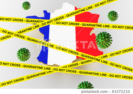 Coronavirus outbreak and coronaviruses influenza 2019-ncov on waved national flag of France. 3D render. 63372210