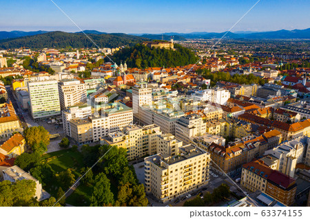 Aerial view of Ljubljana cityscape with buildings and streets Aerial view of Ljubljana cityscape with buildings and streets 63374155