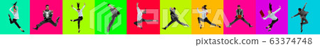 Collage of young jumping people on multicolored bright background Collage of young jumping people on multicolored bright background 63374748