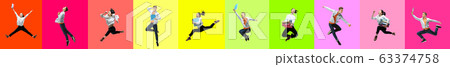 Collage of young jumping people on multicolored bright background Collage of young jumping people on multicolored bright background 63374758