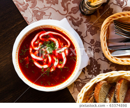 Russian borsch red soup with meat and sour cream Russian borsch red soup with meat and sour cream 63374898