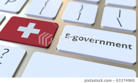 E-government or Electronic Government text and flag of Switzerland on the keyboard. Modern public services related conceptual 3D rendering E-government or Electronic Government text and flag of Switzerland on the keyboard. Modern public services related conceptual 3D rendering 63374960