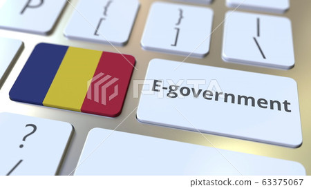 E-government or Electronic Government text and flag of Romania on the keyboard. Modern public services related conceptual 3D rendering E-government or Electronic Government text and flag of Romania on the keyboard. Modern public services related conceptual 3D rendering 63375067