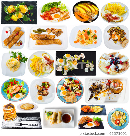 Collection of breakfasts on white background 63375091