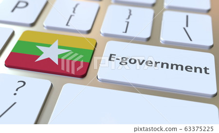 E-government or Electronic Government text and flag of Myanmar on the keyboard. Modern public services related conceptual 3D rendering 63375225
