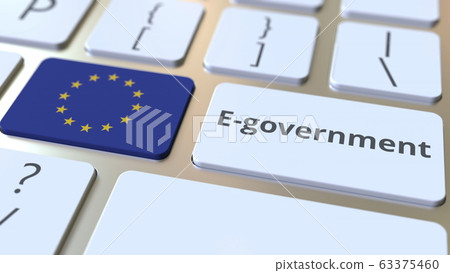 E-government or Electronic Government text and flag of the European Union on the keyboard. Modern public services related conceptual 3D rendering E-government or Electronic Government text and flag of the European Union on the keyboard. Modern public services related conceptual 3D rendering 63375460