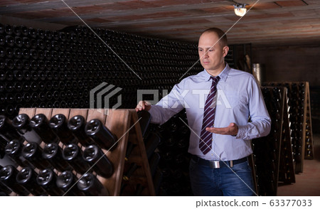 Winemaker inviting to wine cellar Winemaker inviting to wine cellar 63377033