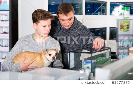 Cheerful man with son and dog buying pet supplies Cheerful man with son and dog buying pet supplies 63377875