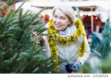 Mature female buying decoration and tree at Christmas Fair Mature female buying decoration and tree at Christmas Fair 63380582