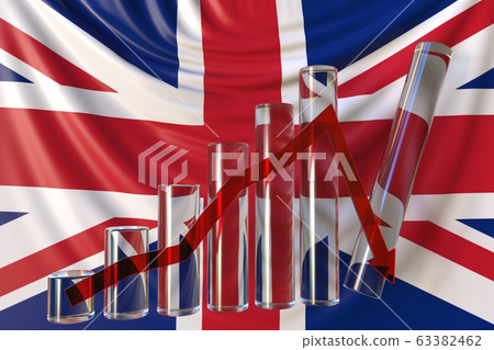 Glass bar chart with downward trend against flag of Great Britain. Financial crisis or economic meltdown related conceptual 3D rendering 63382462