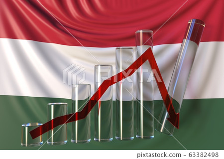 Glass bar chart with downward trend against flag of Hungary. Financial crisis or economic meltdown related conceptual 3D rendering Glass bar chart with downward trend against flag of Hungary. Financial crisis or economic meltdown related conceptual 3D rendering 63382498