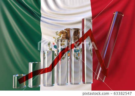 Glass bar chart with downward trend against flag of Mexico. Financial crisis or economic meltdown related conceptual 3D rendering Glass bar chart with downward trend against flag of Mexico. Financial crisis or economic meltdown related conceptual 3D rendering 63382547