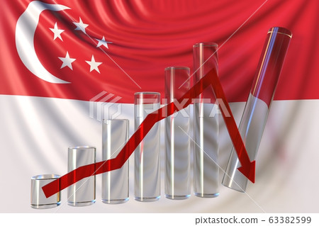 Glass bar chart with downward trend against flag of Singapore. Financial crisis or economic meltdown related conceptual 3D rendering 63382599