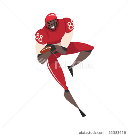 American Football Player Running with Ball, Male Athlete Character in Red Sports Uniform, Front View Vector Illustration American Football Player Running with Ball, Male Athlete Character in Red Sports Uniform, Front View Vector Illustration 63383656