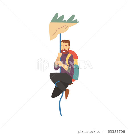 Young Man with Hiking Backpack Climbing the Mountain Using the Rope Vector Illustration Young Man with Hiking Backpack Climbing the Mountain Using the Rope Vector Illustration 63383706