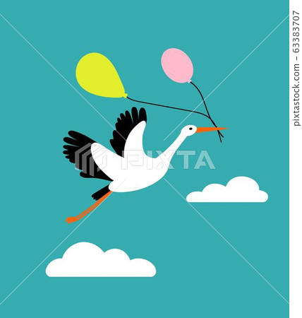 Stork flying in the sky and holding air balloons. Cute bird character for nursery, babyshower Stork flying in the sky and holding air balloons. Cute bird character for nursery, babyshower 63383707