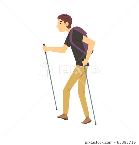 Young Man Carrying Hiking Backpack Walking with Sticks Vector Illustration Young Man Carrying Hiking Backpack Walking with Sticks Vector Illustration 63383719