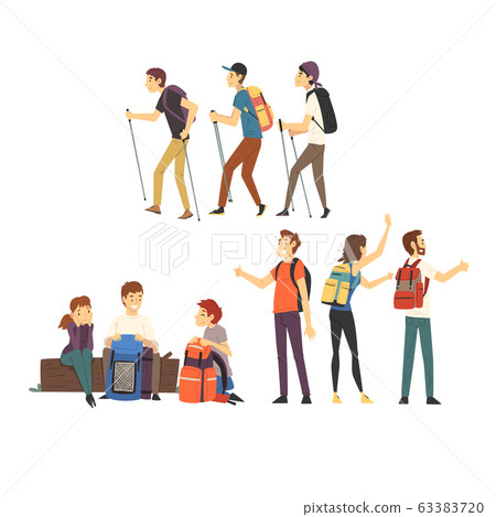 People with Hiking Backpacks Engaged in Active Tourism Vector Illustrations Set. Walking Journey During Vacation People with Hiking Backpacks Engaged in Active Tourism Vector Illustrations Set. Walking Journey During Vacation 63383720