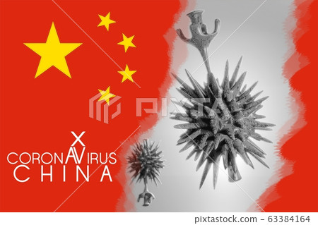 China Flag with Corona VIRUS  2019nCoV, wchich has been discovered first time in January 2020 in China town Wuhan. Close-up from microscope of coronavirus. 3D illustration 63384164