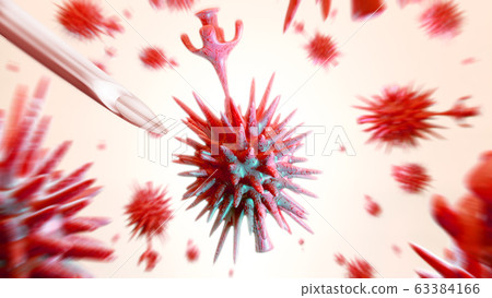 3D render of Corona VIRUS  2019nCoV. Scientist takes a sample of the virus which has been discovered first time in January 2020 in China town Wuhan. Close-up from microscope of coronavirus.  63384166