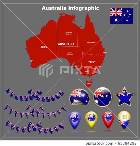 Bright Map of Australia with infographic. Map of Australia graphic illustration on grey background. . 63384292