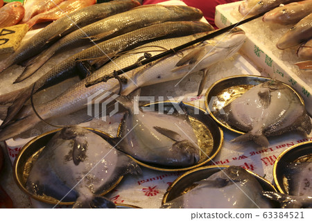 Fish sold at a market in North Point of Hong Kong Island. The "Managatsuo" in the foreground is a luxury fish 63384521