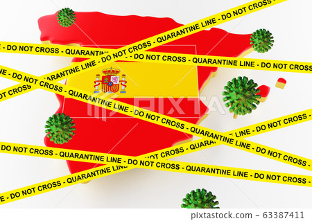 Coronavirus in Spain. Hologram 3D molecules of coronavirus bacteria COVID-2019. Coronavirus outbreak. 3d render Coronavirus in Spain. Hologram 3D molecules of coronavirus bacteria COVID-2019. Coronavirus outbreak. 3d render 63387411