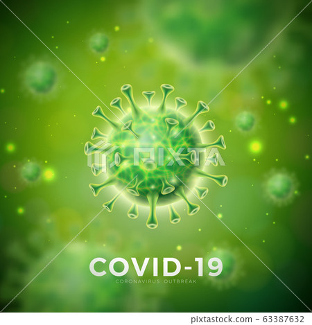 Covid-19. Coronavirus Outbreak Design with Virus Cell in Microscopic View on Green Background. Vector Illustration Template on Dangerous SARS Epidemic Theme for Promotional Banner or Flyer. 63387632