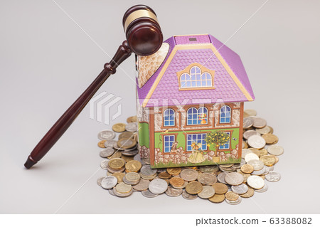 Home, coins and gavel isolated on gray.Real estate 63388082