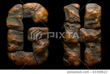 Set of rocky letters G, H. Font of stone on black background. 3d Set of rocky letters G, H. Font of stone on black background. 3d 63389622