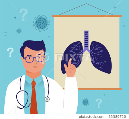Ask the doctor. Doctor, medical professional is standing in front a board with lungs illustration 63389720
