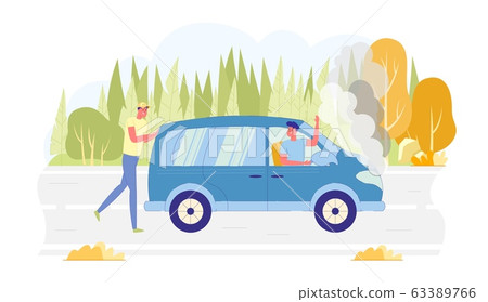 Friend Man Pushes Broken Car on Forest Background. 63389766