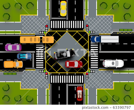 City intersection with a pedestrian crossing and traffic lights. Traffic Close-up with lawns. illustration City intersection with a pedestrian crossing and traffic lights. Traffic Close-up with lawns. illustration 63390797