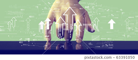 Rising arrow theme with hand pressing a screen 63391050