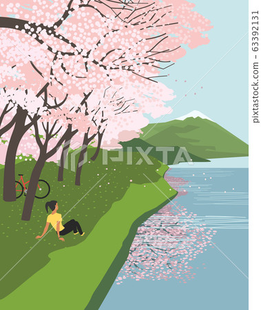Cherry blossoms at river enjoy flat vector poster Cherry blossoms at river enjoy flat vector poster 63392131
