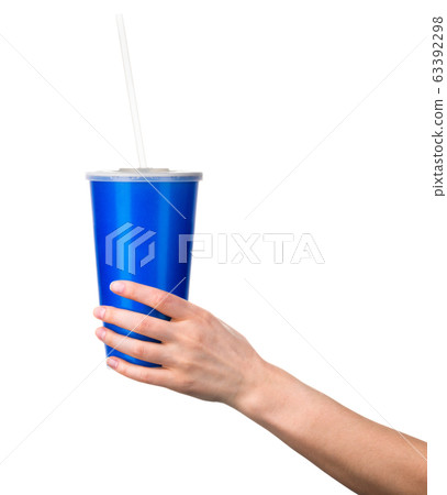 Woman hand holding blue cup isolated on white background Woman hand holding blue cup isolated on white background 63392298