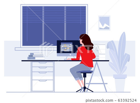 Woman sitting at table and working at home. Woman sitting at table and working at home. 63392524