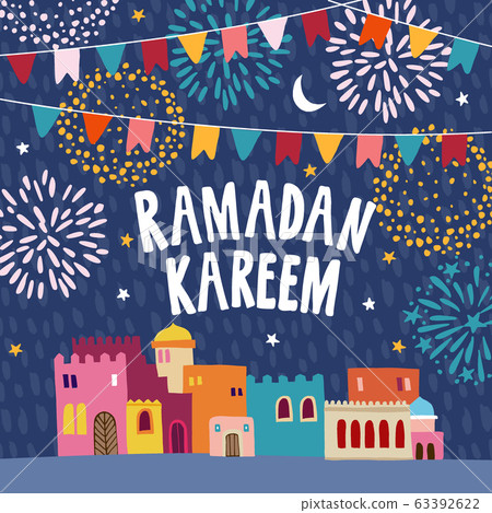 Greeting card, invitation for muslim holiday Ramadan Kareem. Garland of bunting flags, colorful houses, moon, stars and fireworks at night. Vector illustrations, flat design, textured backgound. Greeting card, invitation for muslim holiday Ramadan Kareem. Garland of bunting flags, colorful houses, moon, stars and fireworks at night. Vector illustrations, flat design, textured backgound. 63392622
