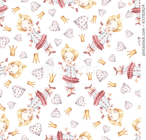 Watercolor cute nursery naive hand painted seamless pattern with princess hearts crown. Childish Handpainted print Watercolor cute nursery naive hand painted seamless pattern with princess hearts crown. Childish Handpainted print 63392624