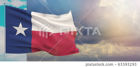 Flags of the states of USA. State of Texas flag. Waving flag on sunset sky background 3D illustration. 63393293